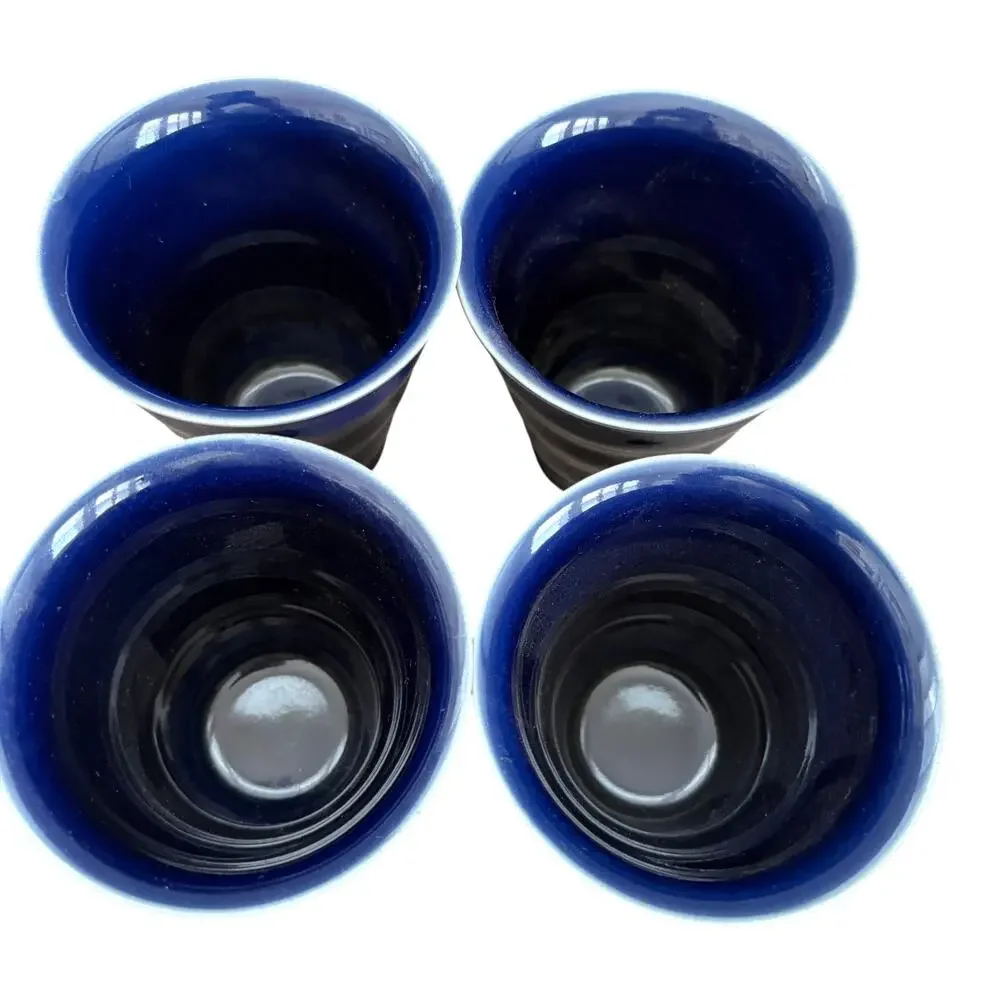 LOT 4 Boda Nova Sweden Blue Ribbed Tapered Ceramic Drinking Glasses 90s Y2K